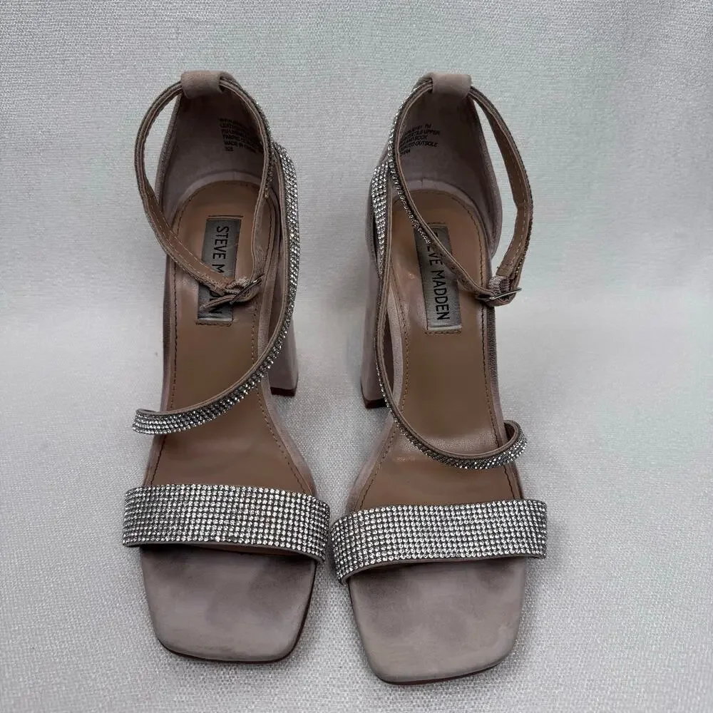 Steve Madden Tia Rhinestone Silver Block Heel Leather Textile Upper WMS Size 7M